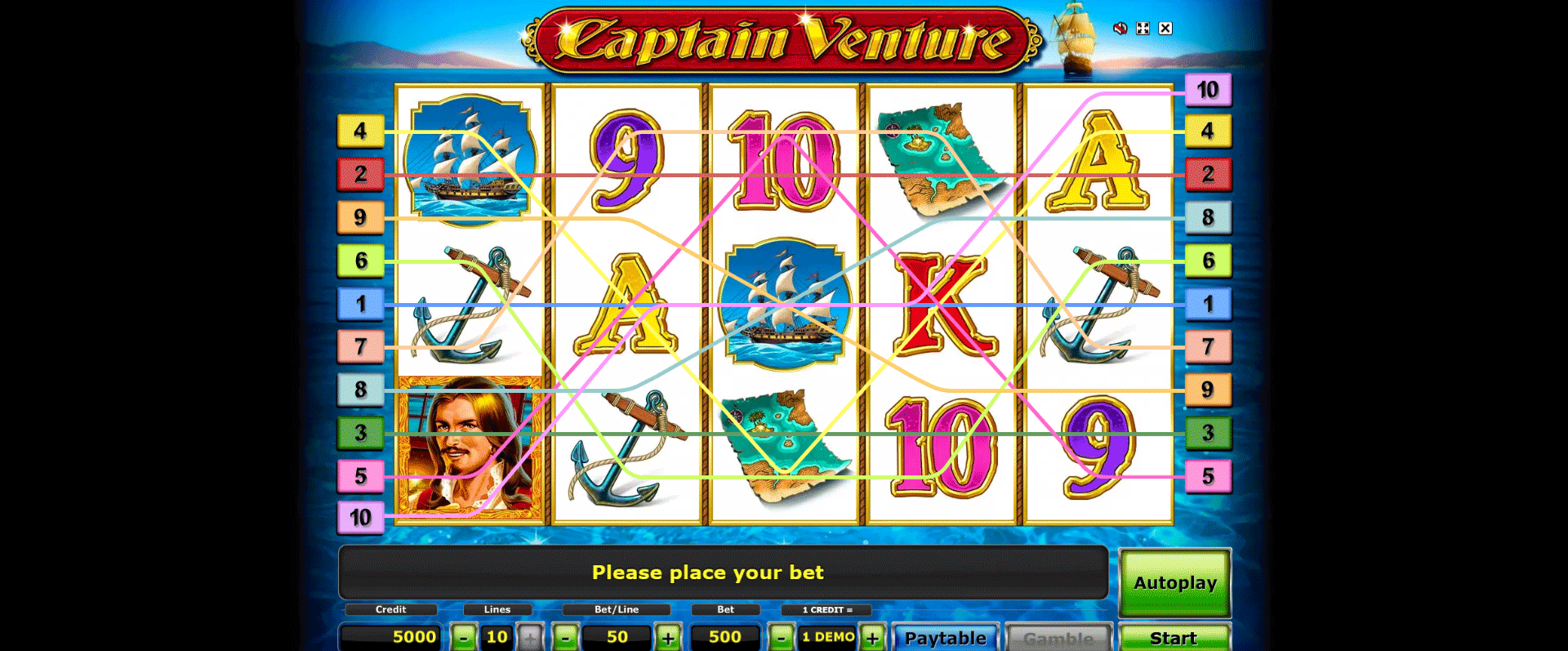 griglia di gioco della videolottery captain venture
