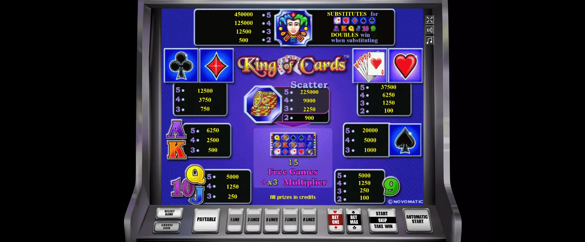 tabella dei simboli della vlt online king of cards