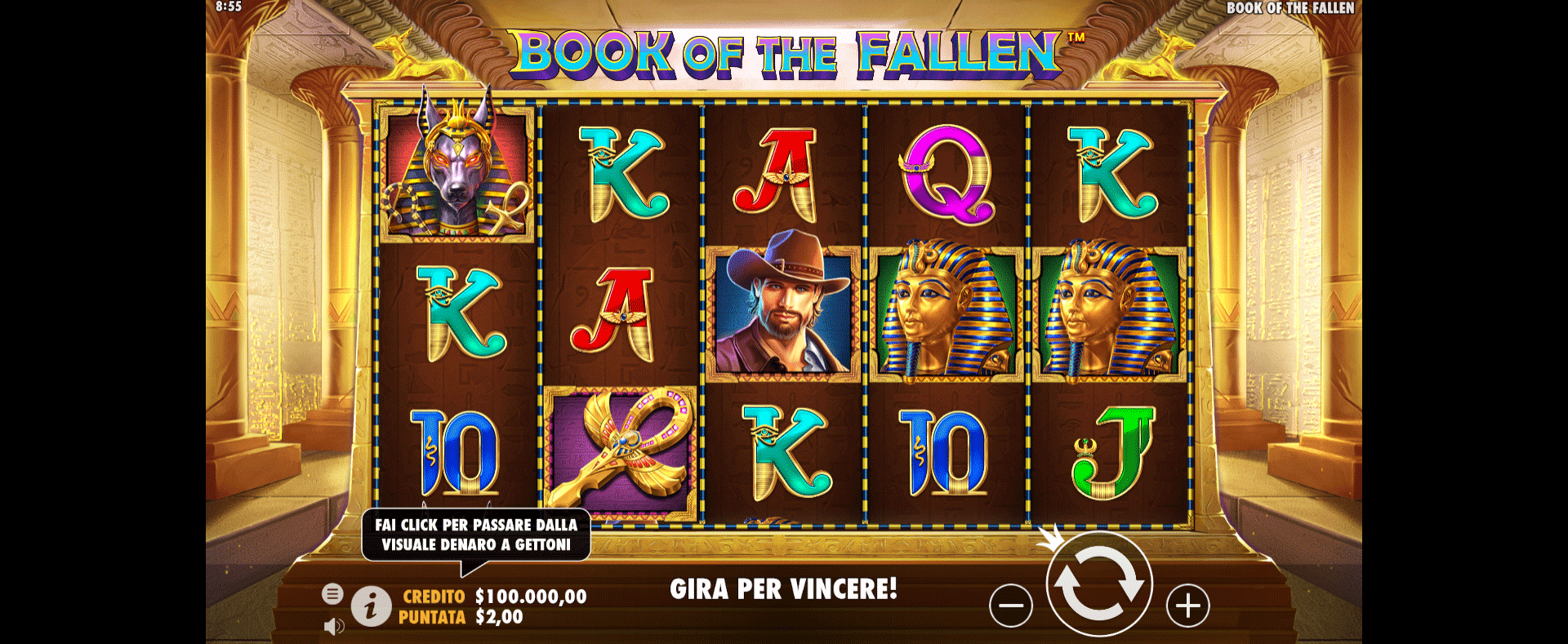 schermata del gioco della slot machine book of fallen