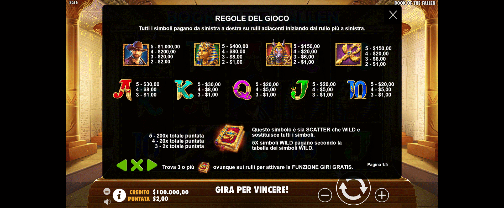 paytable della slot online book of fallen
