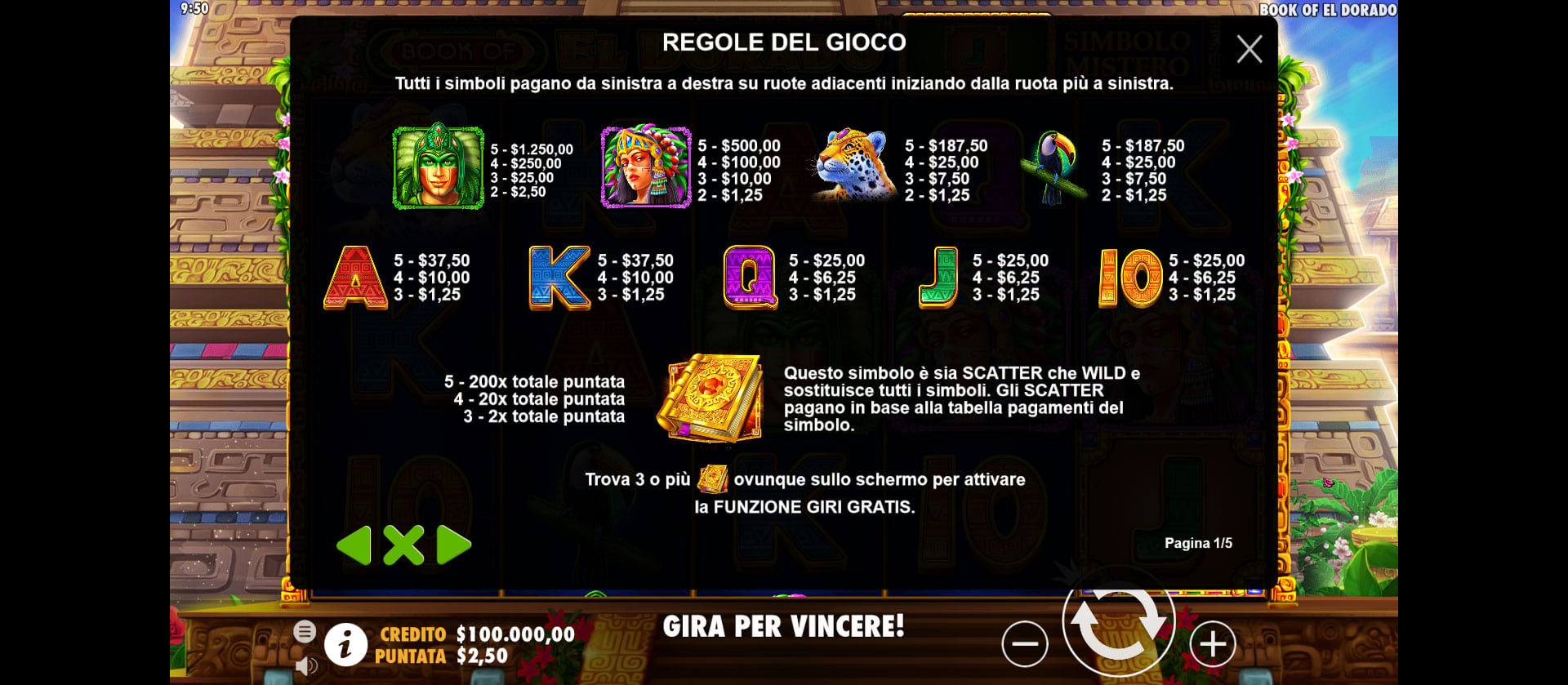paytable della slot book of eldorado