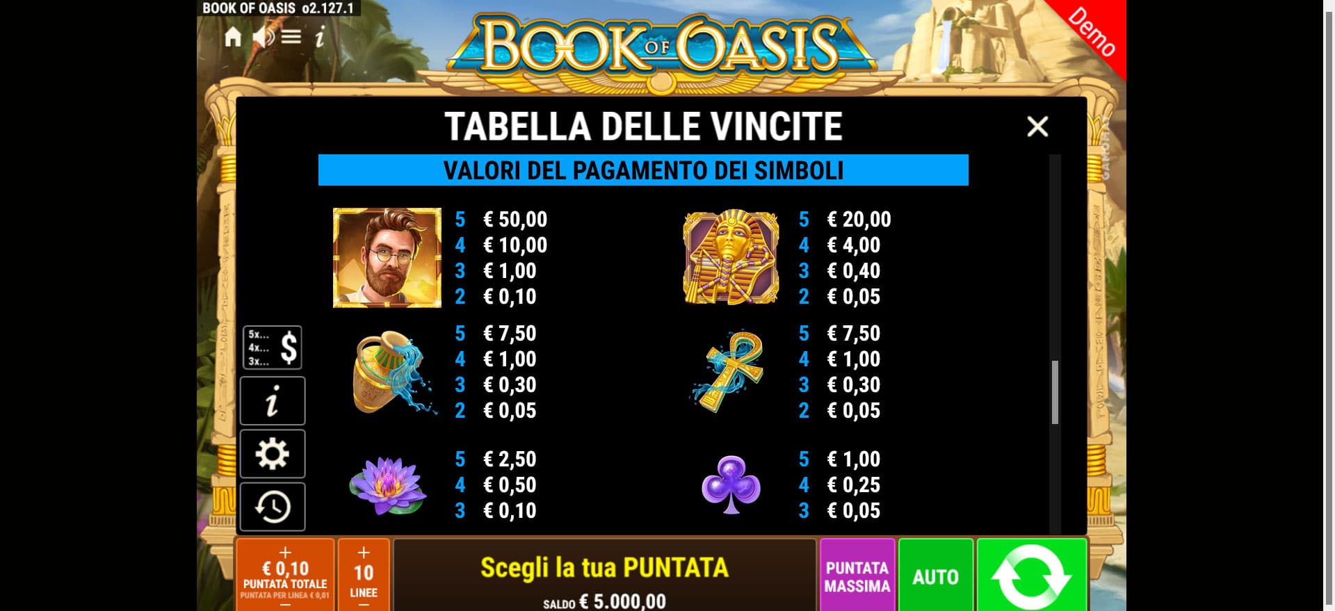 tabella dei simboli della slot online book of oasis
